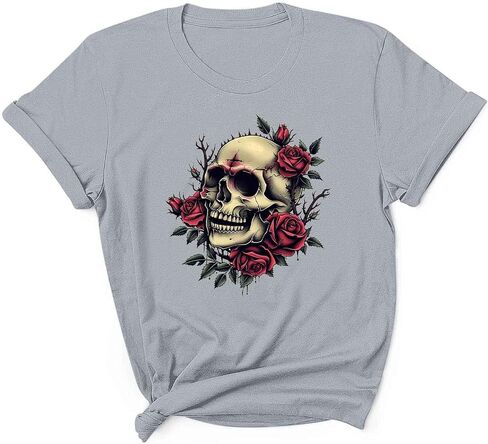 Womens Vintage Floral Skull Graphic Tee Shirts Summer Short Sleeve Tops Oversized Tshirts Trendy Casual Loose Blouse in Kuwait