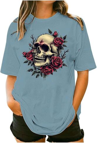 Womens Vintage Floral Skull Graphic Tee Shirts Summer Short Sleeve Tops Oversized Tshirts Trendy Casual Loose Blouse in Kuwait