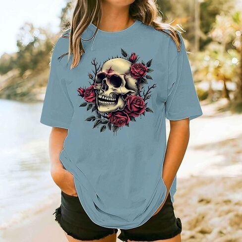 Womens Vintage Floral Skull Graphic Tee Shirts Summer Short Sleeve Tops Oversized Tshirts Trendy Casual Loose Blouse in Kuwait