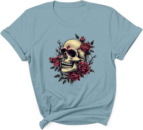 Womens Vintage Floral Skull Graphic Tee Shirts Summer Short Sleeve Tops Oversized Tshirts Trendy Casual Loose Blouse in Kuwait