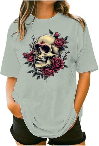 Womens Vintage Floral Skull Graphic Tee Shirts Summer Short Sleeve Tops Oversized Tshirts Trendy Casual Loose Blouse in Kuwait