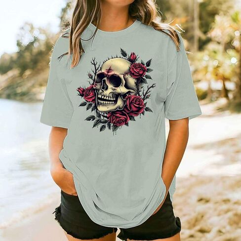 Womens Vintage Floral Skull Graphic Tee Shirts Summer Short Sleeve Tops Oversized Tshirts Trendy Casual Loose Blouse in Kuwait