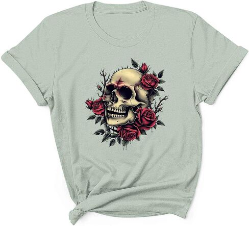 Womens Vintage Floral Skull Graphic Tee Shirts Summer Short Sleeve Tops Oversized Tshirts Trendy Casual Loose Blouse in Kuwait