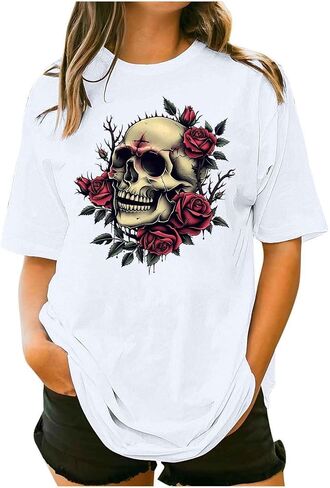 Womens Vintage Floral Skull Graphic Tee Shirts Summer Short Sleeve Tops Oversized Tshirts Trendy Casual Loose Blouse in Kuwait