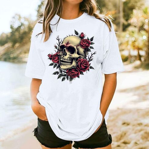 Womens Vintage Floral Skull Graphic Tee Shirts Summer Short Sleeve Tops Oversized Tshirts Trendy Casual Loose Blouse in Kuwait