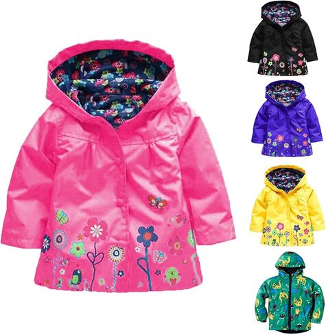Toddler Baby Girls Waterproof Jacket Floral Printed Hooded Raincoat Windproof Warm Outwear Button Hoodies Outwear in Kuwait