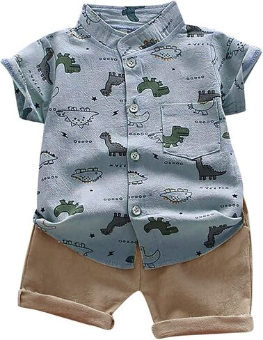 Toddler Boys Outfits Short Sleeve Button Down Dinosaur Cotton Shirt Sets Baby Cute Summer Easter Casual Clothes in Saudi Arabia