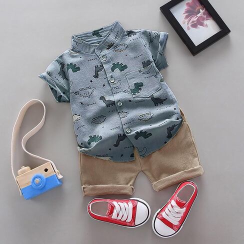 Toddler Boys Outfits Short Sleeve Button Down Dinosaur Cotton Shirt Sets Baby Cute Summer Easter Casual Clothes in Saudi Arabia