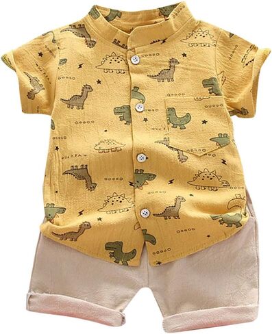 Toddler Boys Outfits Short Sleeve Button Down Dinosaur Cotton Shirt Sets Baby Cute Summer Easter Casual Clothes in Saudi Arabia