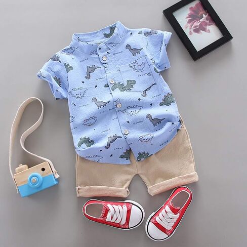 Toddler Boys Outfits Short Sleeve Button Down Dinosaur Cotton Shirt Sets Baby Cute Summer Easter Casual Clothes in Saudi Arabia