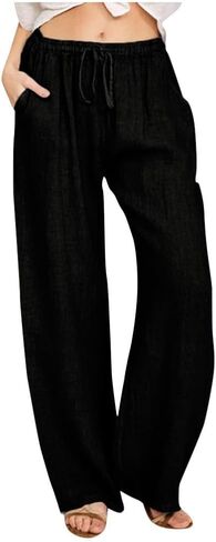 Cotton Linen Pants for Women Lightweight High Waisted Pants Tie Knot Wide Leg Pants Summer Lounge Pants with Pockets in Saudi Arabia