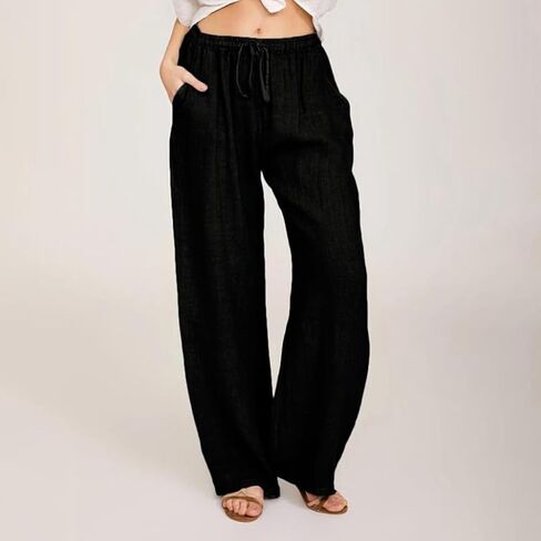 Cotton Linen Pants for Women Lightweight High Waisted Pants Tie Knot Wide Leg Pants Summer Lounge Pants with Pockets in Saudi Arabia