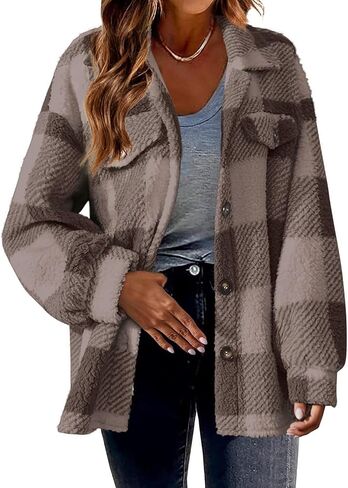 Buffalo Plaid Jacket for Women Flannel Sherpa Button Down Shacket Casual Fuzzy Fleece Long Sleeve Shirt with Pocket in Saudi Arabia