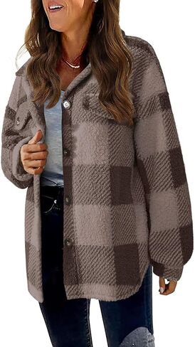 Buffalo Plaid Jacket for Women Flannel Sherpa Button Down Shacket Casual Fuzzy Fleece Long Sleeve Shirt with Pocket in Saudi Arabia