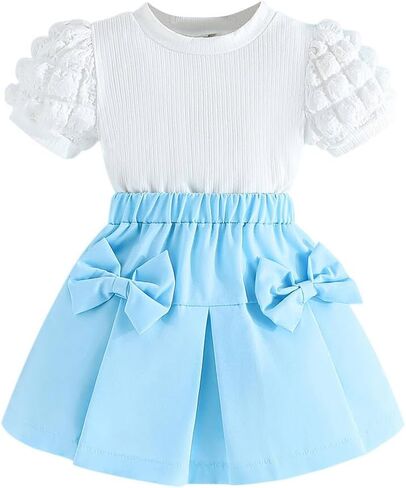Toddler Girl Summer Outfits Puff Short Sleeve Ribbed Knit Tops Mini Skirt Set Cute Girl Clothes in Kuwait