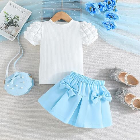 Toddler Girl Summer Outfits Puff Short Sleeve Ribbed Knit Tops Mini Skirt Set Cute Girl Clothes in Kuwait