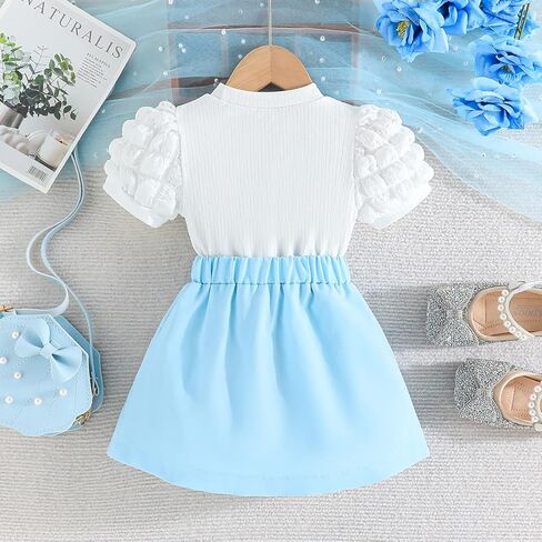 Toddler Girl Summer Outfits Puff Short Sleeve Ribbed Knit Tops Mini Skirt Set Cute Girl Clothes in Kuwait