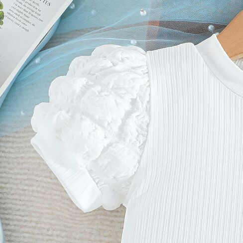 Toddler Girl Summer Outfits Puff Short Sleeve Ribbed Knit Tops Mini Skirt Set Cute Girl Clothes in Kuwait
