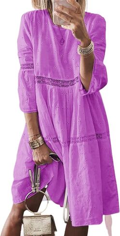 Women Plus Size Linen Dress 2024 Casual Eyelet 3/4 Sleeve Loose Crewneck A Line Flowy Midi Dress Vacation Outfits in Saudi Arabia
