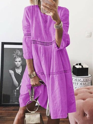 Women Plus Size Linen Dress 2024 Casual Eyelet 3/4 Sleeve Loose Crewneck A Line Flowy Midi Dress Vacation Outfits in Saudi Arabia