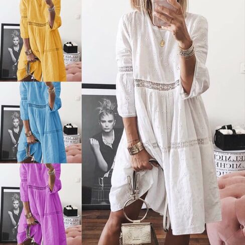 Women Plus Size Linen Dress 2024 Casual Eyelet 3/4 Sleeve Loose Crewneck A Line Flowy Midi Dress Vacation Outfits in Saudi Arabia