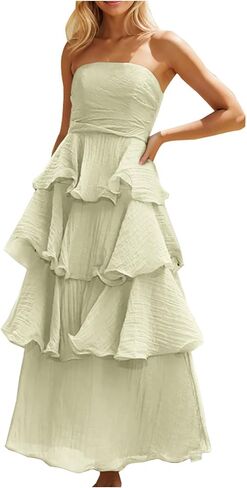 Women's Summer Boho Sleeveless Maxi Dress Off Shoulder Tube Ruffle Tiered Layered Swing Long Beach Vacation Dresses in Saudi Arabia