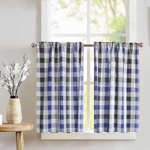 Poplin Buffalo Tear Window Window Valance 2 قطعة ضجة المنزل نافذة مطبخ غرفة نوم ديكور (حكيم وأبيض) in Kuwait