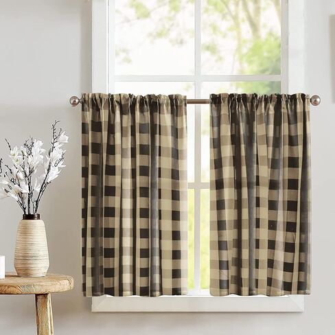 Poplin Buffalo Tear Window Window Valance 2 قطعة ضجة المنزل نافذة مطبخ غرفة نوم ديكور (حكيم وأبيض) in Kuwait