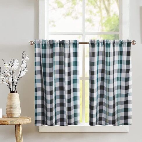 Poplin Buffalo Tear Window Window Valance 2 قطعة ضجة المنزل نافذة مطبخ غرفة نوم ديكور (حكيم وأبيض) in Kuwait