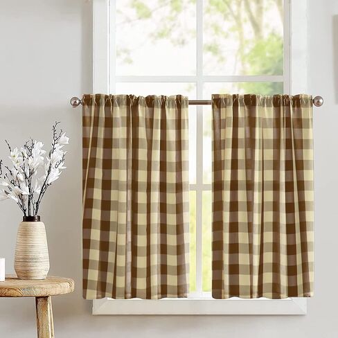 Poplin Buffalo Tear Window Window Valance 2 قطعة ضجة المنزل نافذة مطبخ غرفة نوم ديكور (حكيم وأبيض) in Kuwait