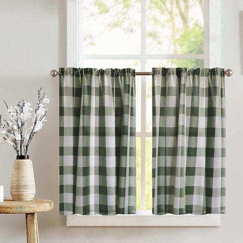 Poplin Buffalo Tear Window Window Valance 2 قطعة ضجة المنزل نافذة مطبخ غرفة نوم ديكور (حكيم وأبيض) in Kuwait