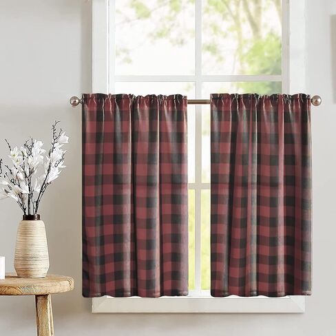 Poplin Buffalo Tear Window Window Valance 2 قطعة ضجة المنزل نافذة مطبخ غرفة نوم ديكور (حكيم وأبيض) in Kuwait