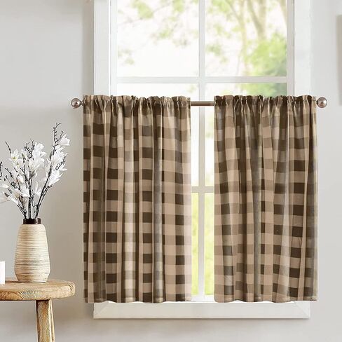Poplin Buffalo Tear Window Window Valance 2 قطعة ضجة المنزل نافذة مطبخ غرفة نوم ديكور (حكيم وأبيض) in Kuwait