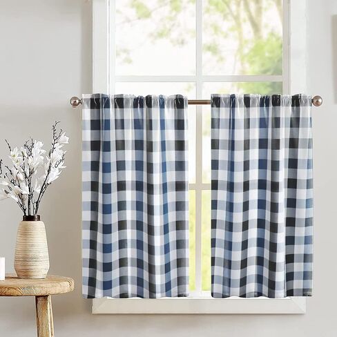 Poplin Buffalo Tear Window Window Valance 2 قطعة ضجة المنزل نافذة مطبخ غرفة نوم ديكور (حكيم وأبيض) in Kuwait