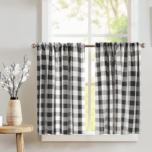 Poplin Buffalo Tear Window Window Valance 2 قطعة ضجة المنزل نافذة مطبخ غرفة نوم ديكور (حكيم وأبيض) in Kuwait