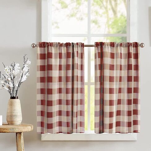 Poplin Buffalo Tear Window Window Valance 2 قطعة ضجة المنزل نافذة مطبخ غرفة نوم ديكور (حكيم وأبيض) in Kuwait