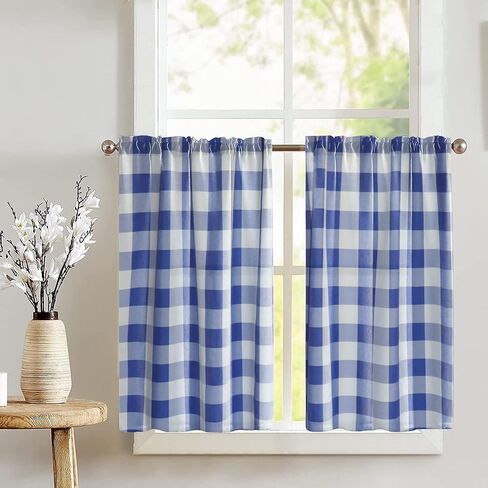 Poplin Buffalo Tear Window Window Valance 2 قطعة ضجة المنزل نافذة مطبخ غرفة نوم ديكور (حكيم وأبيض) in Kuwait