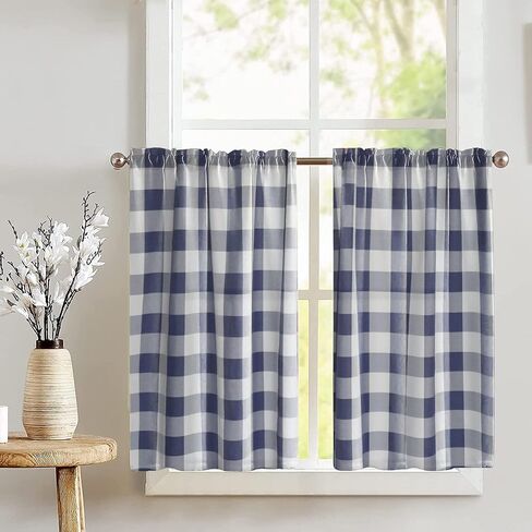 Poplin Buffalo Tear Window Window Valance 2 قطعة ضجة المنزل نافذة مطبخ غرفة نوم ديكور (حكيم وأبيض) in Kuwait