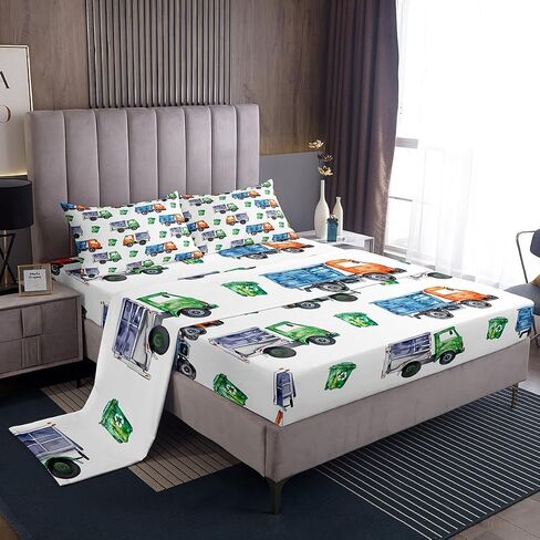 Erosebridal Watercolor Green Train Queen Sheet Set Kids Cartoon Railway Sheets for Boys Toddler Gift, Cute Clouds Stars Transportation Theme Bed Sheets Set with 2 Pillow Cases in Kuwait