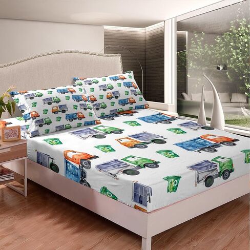Erosebridal Watercolor Green Train Queen Sheet Set Kids Cartoon Railway Sheets for Boys Toddler Gift, Cute Clouds Stars Transportation Theme Bed Sheets Set with 2 Pillow Cases in Kuwait