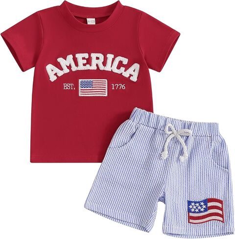 Toddler Boy 4th of July Outfit Baby Boy American Flag Embroidery T Shirt Shorts Set Fourth of July Summer Clothes in Saudi Arabia