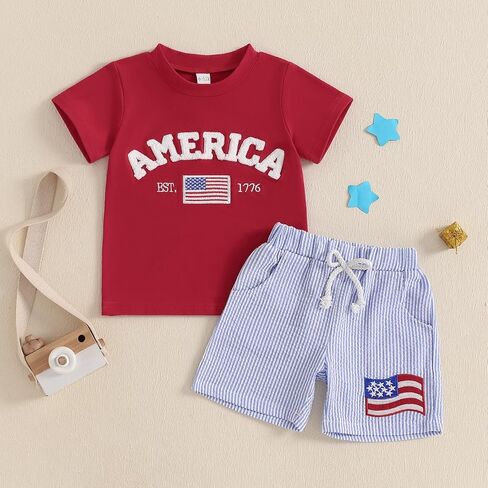Toddler Boy 4th of July Outfit Baby Boy American Flag Embroidery T Shirt Shorts Set Fourth of July Summer Clothes in Saudi Arabia