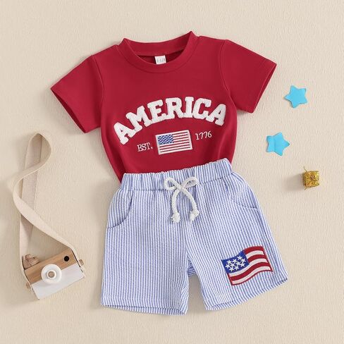 Toddler Boy 4th of July Outfit Baby Boy American Flag Embroidery T Shirt Shorts Set Fourth of July Summer Clothes in Saudi Arabia