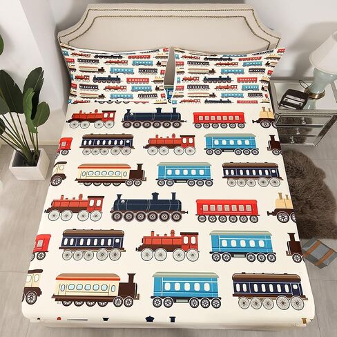 Erosebridal Watercolor Green Train Queen Sheet Set Kids Cartoon Railway Sheets for Boys Toddler Gift, Cute Clouds Stars Transportation Theme Bed Sheets Set with 2 Pillow Cases in Saudi Arabia