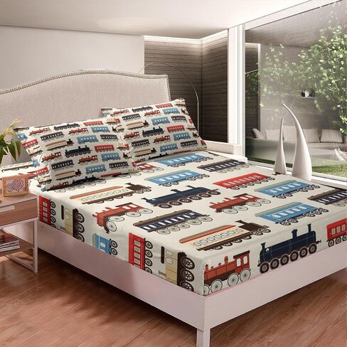 Erosebridal Watercolor Green Train Queen Sheet Set Kids Cartoon Railway Sheets for Boys Toddler Gift, Cute Clouds Stars Transportation Theme Bed Sheets Set with 2 Pillow Cases in Saudi Arabia