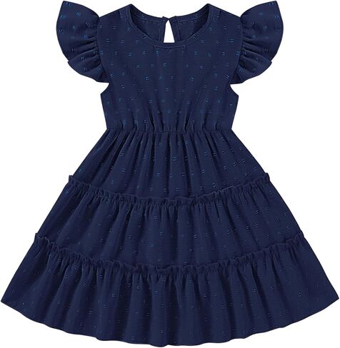Toddler Baby Girls Dress Solid Little Girl Summer Dress Swiss Dot Round Neck Ruffled Sleeves for Holiday Party in Kuwait