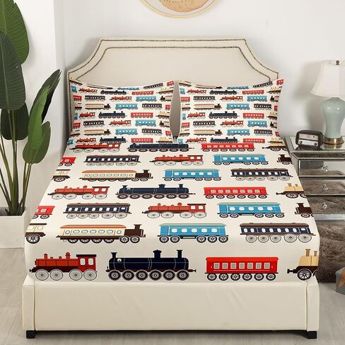 Erosebridal Watercolor Green Train Queen Sheet Set Kids Cartoon Railway Sheets for Boys Toddler Gift, Cute Clouds Stars Transportation Theme Bed Sheets Set with 2 Pillow Cases in Saudi Arabia
