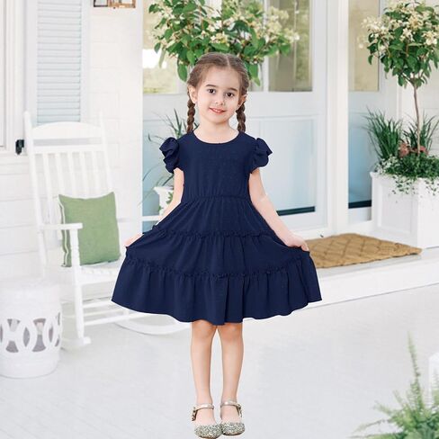 Toddler Baby Girls Dress Solid Little Girl Summer Dress Swiss Dot Round Neck Ruffled Sleeves for Holiday Party in Kuwait