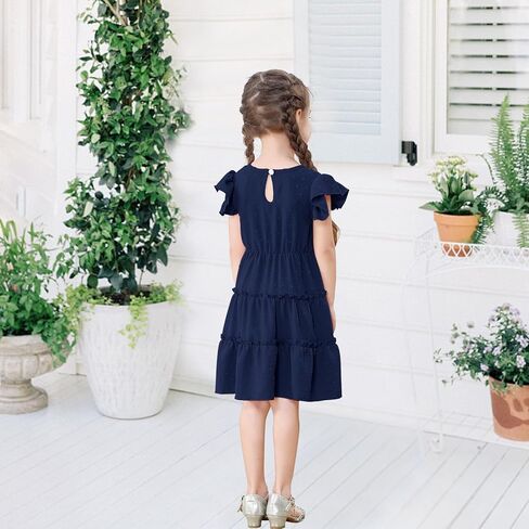 Toddler Baby Girls Dress Solid Little Girl Summer Dress Swiss Dot Round Neck Ruffled Sleeves for Holiday Party in Kuwait