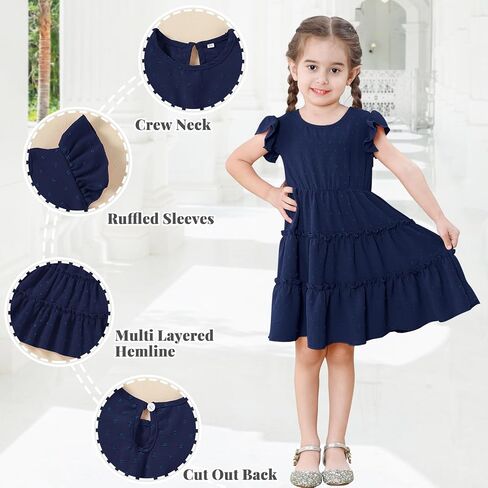 Toddler Baby Girls Dress Solid Little Girl Summer Dress Swiss Dot Round Neck Ruffled Sleeves for Holiday Party in Kuwait